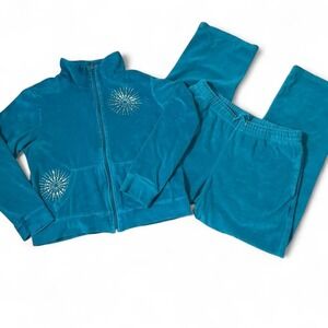 SEVENTH AVENUE Teal Velour Y2K Tracksuit Set Rhinestone Embellished 2 piece Set